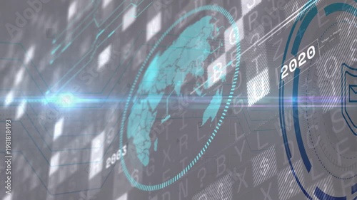 HUD sweep revealing teal globe, globe rotating while HUD rings showing years, visualizing timeline