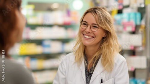 Smiling female pharmacist engaging with a patient in a drug store