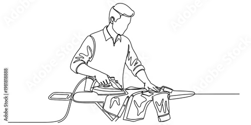 A continuous line drawing of a man ironing a dress shirt on an ironing board in a clean style