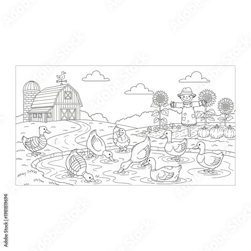 Cheerful farm pond scene with ducks and barn line art illustration, landscape