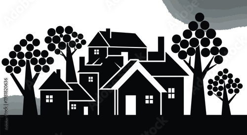 Silhouette of quaint suburban homes with stylized trees under a gradient sky Vector
