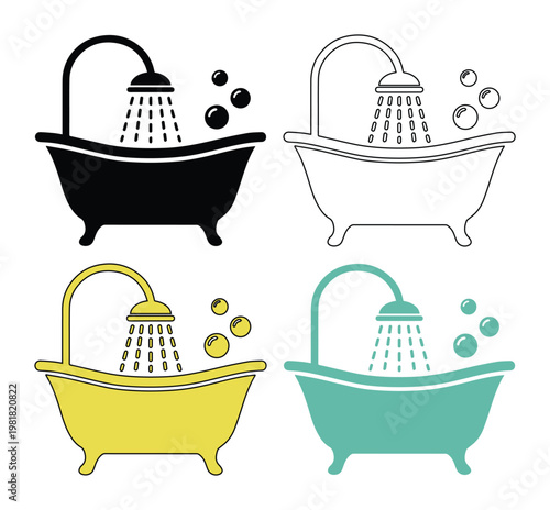 Bathtub icon set, classic clawfoot tub with shower and bubbles, a clean vector graphic for bathroom design and hygiene concepts.