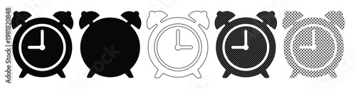 Alarm clock icon set, five distinct vector alarm clock symbols for time management and scheduling. Black and white, outline and solid variations for web and app design.