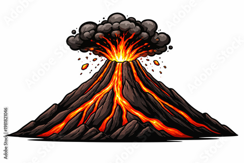 Volcano mountain illustration, erupting lava, sharp peak, flat design, bold shapes, clean lines