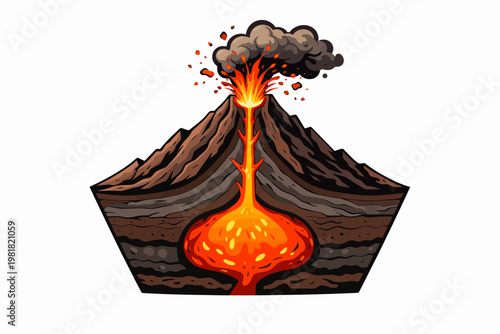 Volcano mountain, cross-section style, visible magma chamber, educational flat illustration