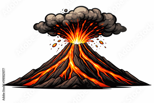 Volcano mountain, eruption moment, lava burst upward, stylized smoke clouds, flat vector illustration