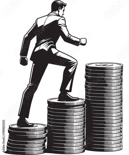 Businessman Climbing Stacks of Coins