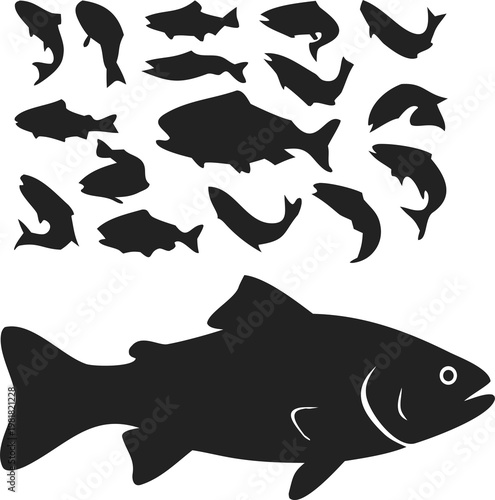 Professional fish vector set featuring silhouette shapes and thin outline styles, ideal for ocean themes, fishing icons, and UI graphics.