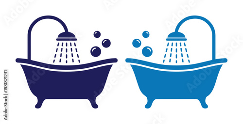 Bathtub and Shower Icon Set, two blue bathroom tubs with running water and bubbles, vector graphic for plumbing, hygiene, and home design projects