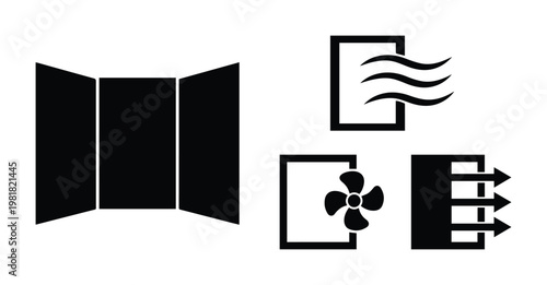 Air conditioning and ventilation system icons, a black vector set for climate control, HVAC, and home appliance design, featuring window, fan, and airflow symbols.