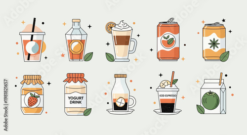 A collection of various beverages and food items in different containers, including coffee, juice, soda, jam, and yogurt, in a flat design style.