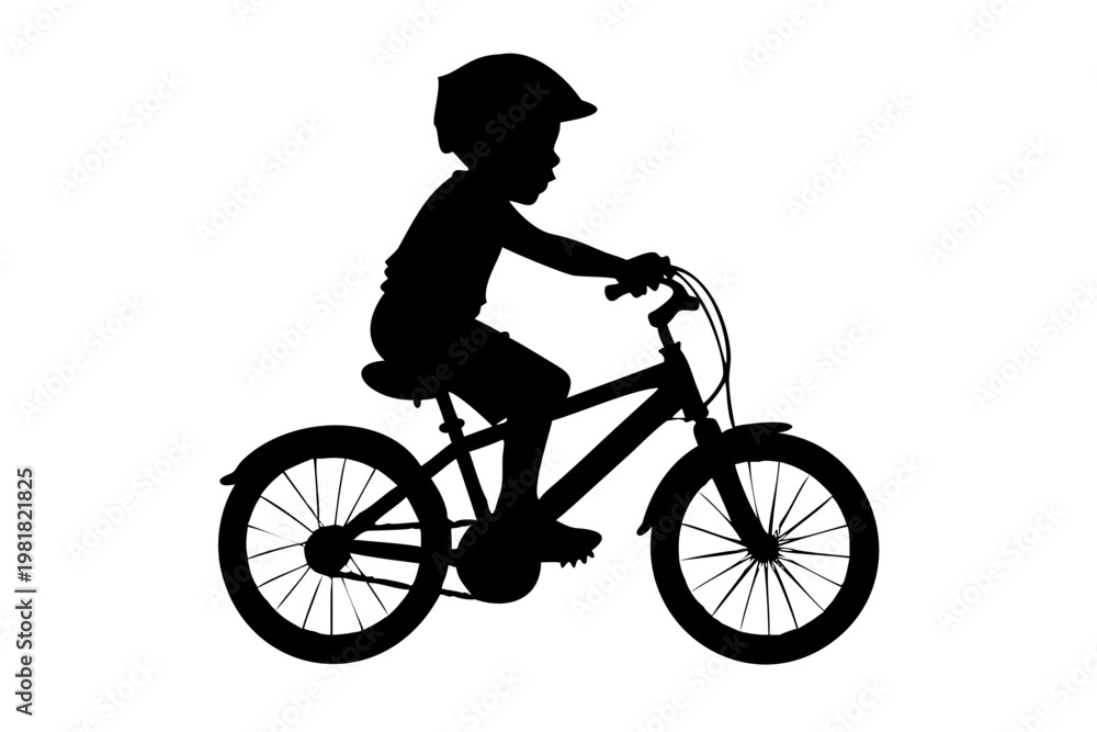 Fototapeta premium Child Riding Bicycle Vector Silhouette Little Boy Biking with Helmet Icon
