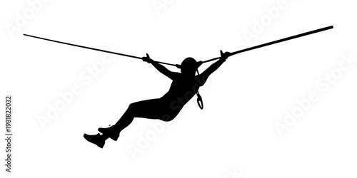 Zipline Adventure Vector Silhouette Woman Sliding on Cable Outdoor Sport