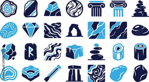 Geological and mineral icons representing stones crystals structures and natural formations.