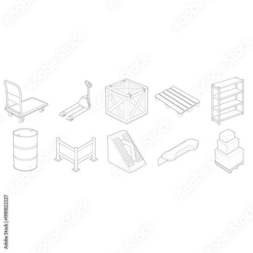 Isometric warehouse facility floor plan collection and material handling infrastructure set