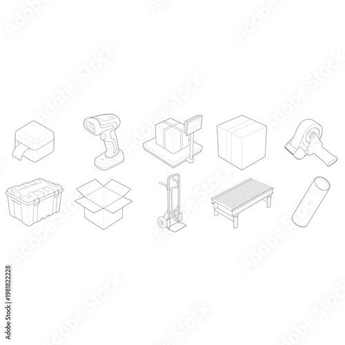 Isometric ecommerce fulfillment workstation and outbound packaging workflow collection