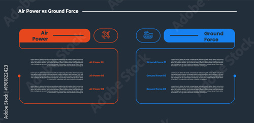 air power cs ground force military comparison infographic dark outline for slide presentation with open box container line cut with 2 point list