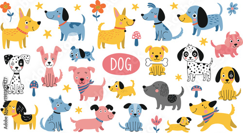 Colorful Hand-Drawn Dog Characters, Cute Puppies, Playful Dogs, Flowers, Stars, and Fun Elements in a Vector Illustration"