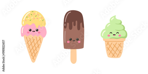 Cute kawaii ice cream set. Vector illustration 