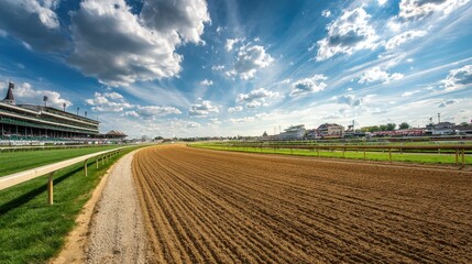 Stunning photo of horse racetrack with a well-maintained dirt track, surrounded by green grass, grandstands, and a vibrant atmosphere, capturing the excitement and tradition of.