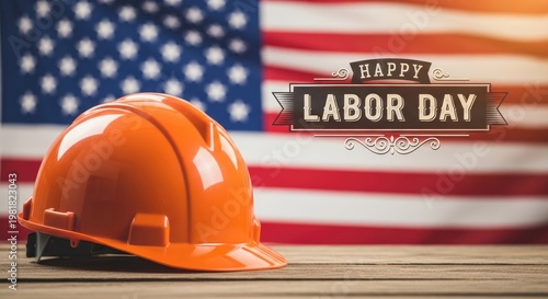 Celebrating labor day honoring american workers with a construction helmet and patriotic american flag background