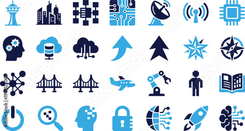 Technology icons set representing smart city and internet of things innovation concepts.