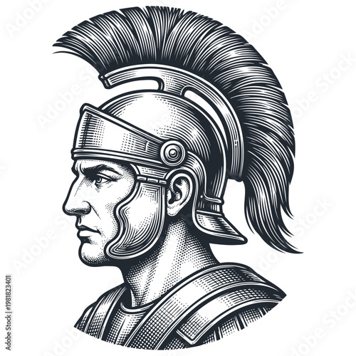 Vintage monochrome vector portrait of an ancient warrior in crested helmet and armor, heroic roman soldier profile for emblem, logo or tattoo design