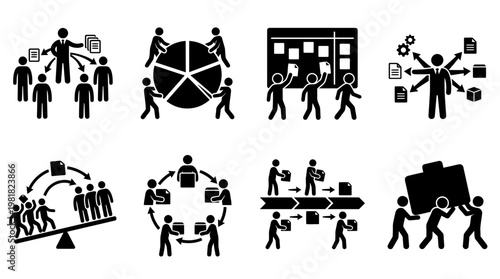Teamwork Icons Vector – Task Distribution, Assign Tasks Arrows, Workload Sharing, Distributed Task Cards, Task Allocation, Workload Split, Team Task Division, Shared Responsibility Graphic
