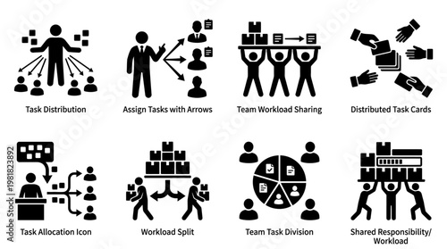 Teamwork Icons Vector – Task Distribution, Assign Tasks Arrows, Workload Sharing, Distributed Task Cards, Task Allocation, Workload Split, Team Task Division, Shared Responsibility Graphic
