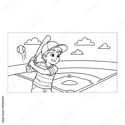 Little boy playing baseball hitting a ball line art coloring page with baseball