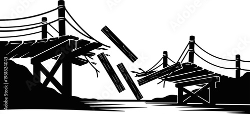 Broken Suspension Bridge Silhouette with Falling Planks and Snapped Cables Metaphor for Failure Crisis and Disconnected Path Vector Illustration