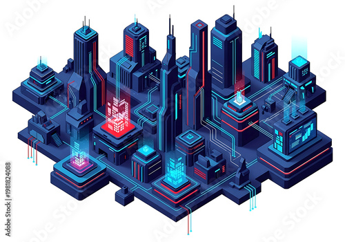 A detailed isometric illustration featuring a futuristic cyberpunk city with glowing neon lights and high tech architecture
