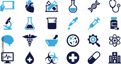 Medical and science icons, health technology and abstract symbols, digital elements.