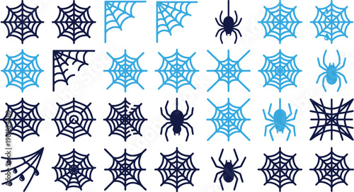 Collection of spider webs and spiders vector icons for halloween decoration.