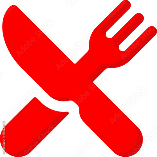 Red crossed knife and fork icon for restaurant and dining menu