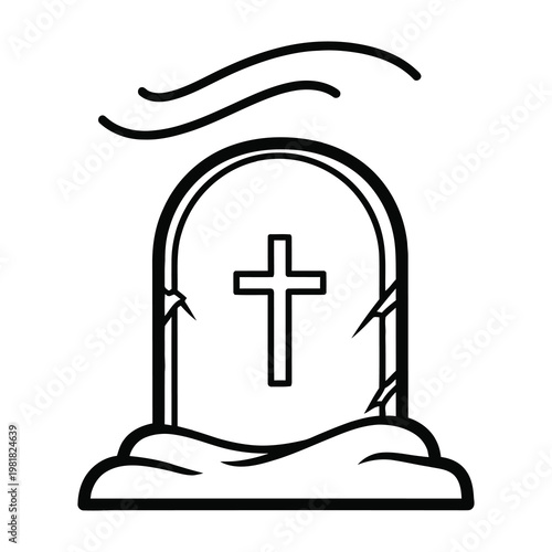 Tombstone with cross on white background simple line drawing