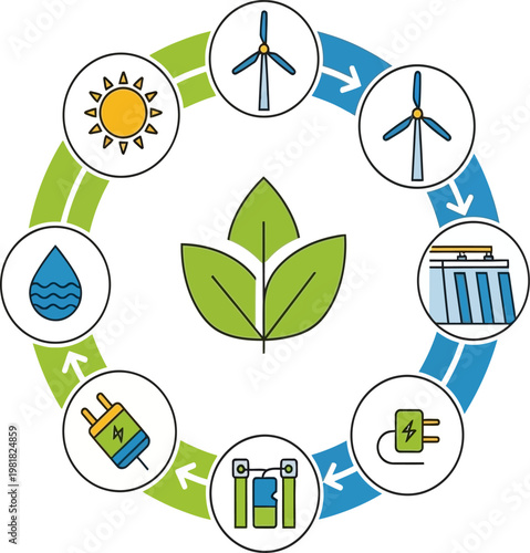 Circular diagram of renewable energy, showing solar, wind, and hydro power sources in an eco-friendly cycle, promoting sustainable technology and clean environmental solutions