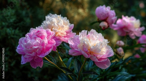 Stunning photo of spring season, garden, flower, fresh, life. A lush garden illuminated by the soft light of the rising sun, with pink and white peonies in full bloom.