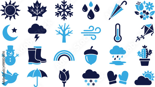 Seasonal weather and nature icons set for spring summer autumn winter flat vector.