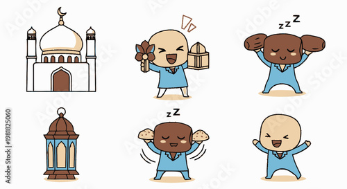 Adorable Cartoon Characters Celebrating Islamic Culture and Traditions.