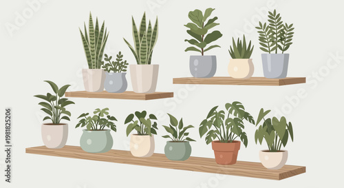 Modern indoor plant display on floating shelves and stands Vector