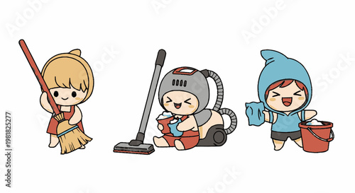 Adorable Cartoon Characters Cleaning with Various Household Cleaning Tools.