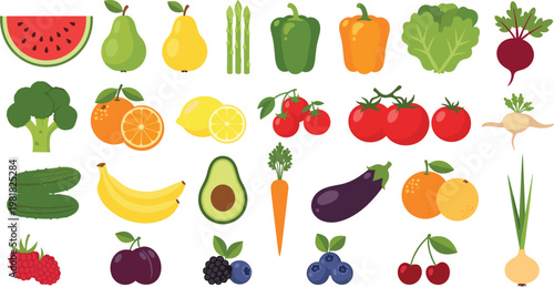 Colorful Hand-Drawn Collection of Fruits and Vegetables Including Watermelon, Pears, Carrots, and More in a Vibrant Vector Illustration"