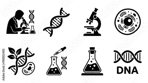 Biology Icons Vector – DNA Double Helix, Research Microscope, Cell Structure, DNA Strand with Cell, Scientist Magnifier, Laboratory Flask, Genetic DNA Symbol, Molecular Research Magnifier Graphic
