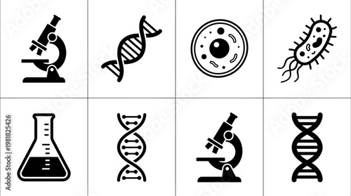 Biology Icons Vector – DNA Double Helix, Research Microscope, Cell Structure, DNA Strand with Cell, Scientist Magnifier, Laboratory Flask, Genetic DNA Symbol, Molecular Research Magnifier Graphic
