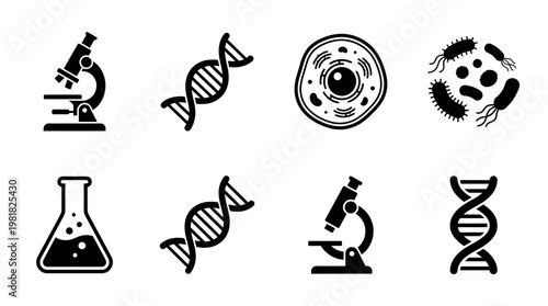 Biology Icons Vector – DNA Double Helix, Research Microscope, Cell Structure, DNA Strand with Cell, Scientist Magnifier, Laboratory Flask, Genetic DNA Symbol, Molecular Research Magnifier Graphic
