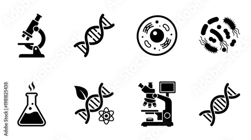Biology Icons Vector – DNA Double Helix, Research Microscope, Cell Structure, DNA Strand with Cell, Scientist Magnifier, Laboratory Flask, Genetic DNA Symbol, Molecular Research Magnifier Graphic
