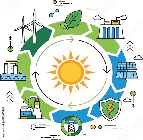 Comprehensive illustration depicting the interconnectedness of renewable energy sources, sustainable practices, and the circular economy for a greener and environmentally responsible future