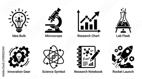 Science Icons Vector – Idea Bulb Gear, Research Microscope, Data Research Chart, Laboratory Flask, Innovation Gears, Atomic Science Symbol, Molecular Research Magnifier, DNA Innovation Set Graphic
