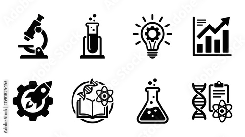 Science Icons Vector – Research Microscope, Chemistry Test Tube, Innovation Light Bulb, Data Growth Graph, Technical Gear Light Bulb, Atomic Magnifier, Laboratory Flask, Study Books Pen Graphic
